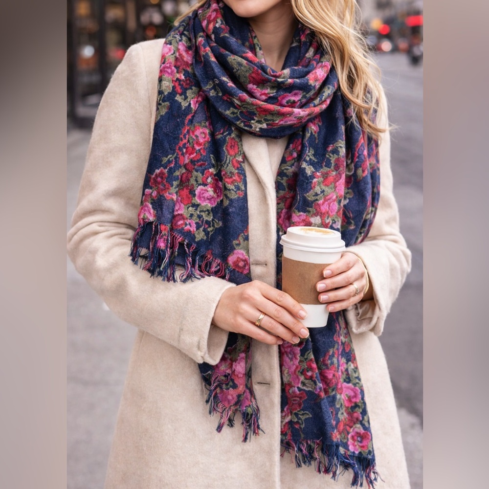 Talbots Floral Scarf Navy Pink Lightweight Shawl Wrap NWT